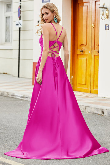 Abito lungo fucsia A Line con spalline sottili e applicazioni